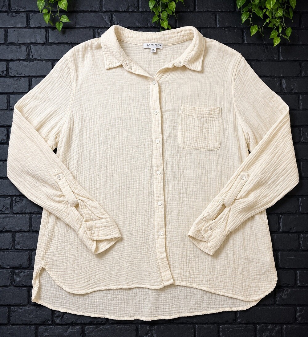 Anne Klein Jeans Ivory Gauze Button-Down Shirt – Size XL